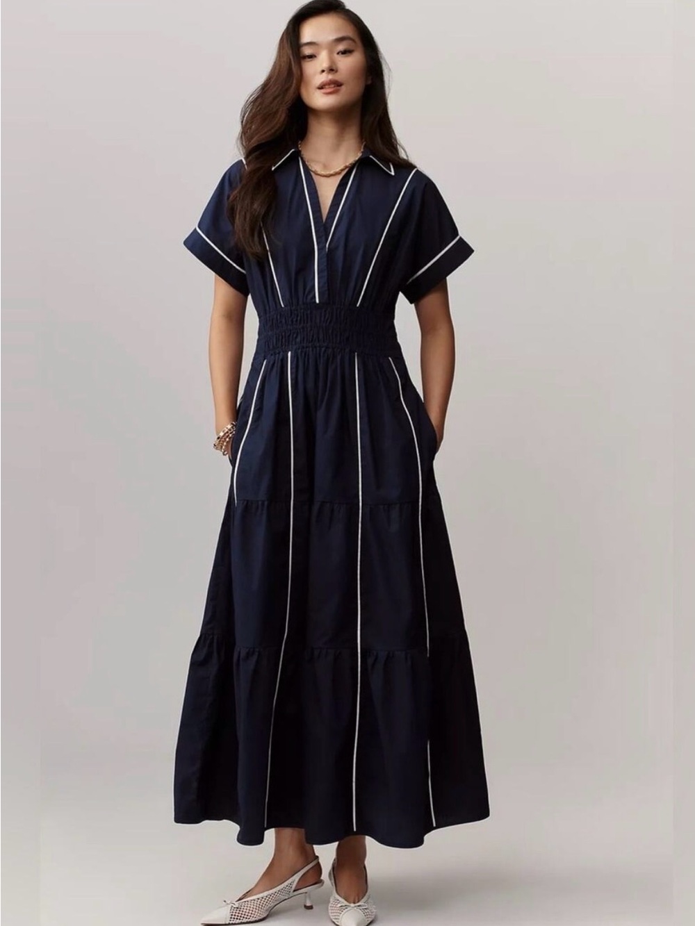 Anthropologie Navy Short-Sleeve Maxi Dress with Contrast Piping